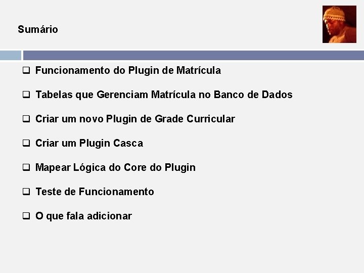 Sumário q Funcionamento do Plugin de Matrícula q Tabelas que Gerenciam Matrícula no Banco