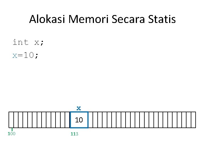 Alokasi Memori Secara Statis int x; x=10; x 10 100 113 