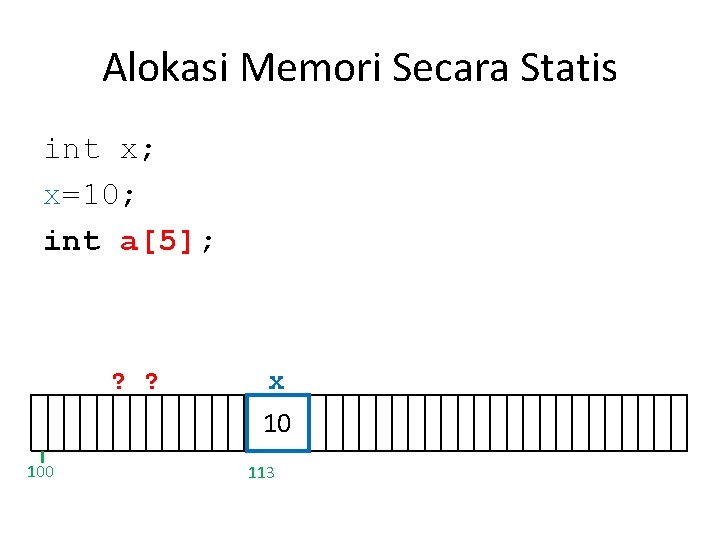 Alokasi Memori Secara Statis int x; x=10; int a[5]; ? ? x 10 100