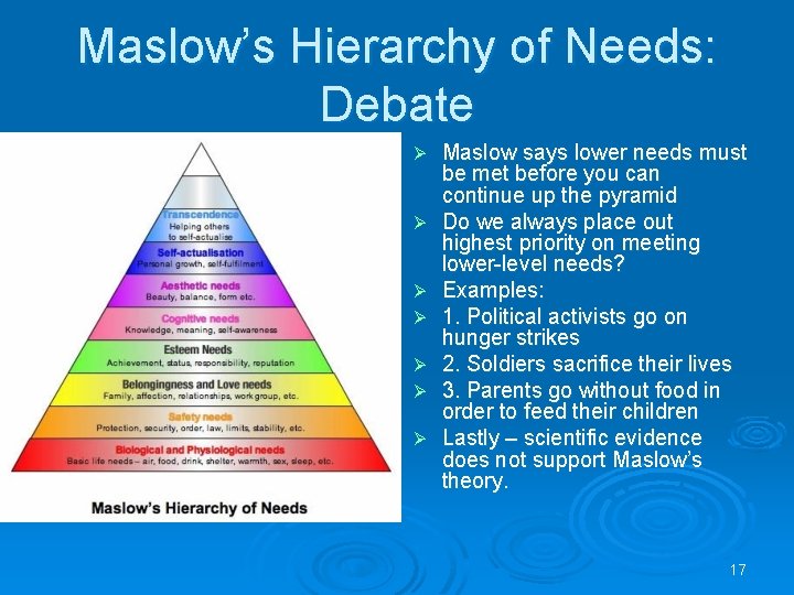 Maslow’s Hierarchy of Needs: Debate Ø Ø Ø Ø Maslow says lower needs must