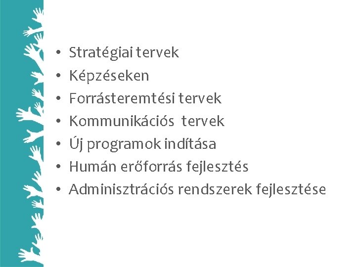  • • Stratégiai tervek Képzéseken Forrásteremtési tervek Kommunikációs tervek Új programok indítása Humán