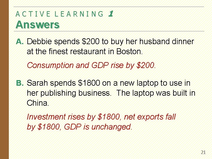 ACTIVE LEARNING 1 Answers A. Debbie spends $200 to buy her husband dinner at