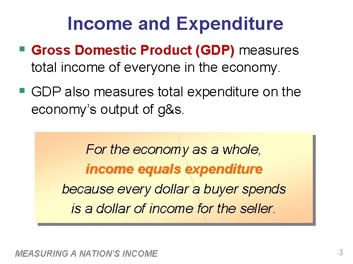 Income and Expenditure § Gross Domestic Product (GDP) measures total income of everyone in