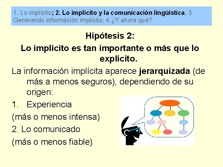 1. Lo implícito; 2. Lo implícito y la comunicación lingüística; 3. Generando información implícita;
