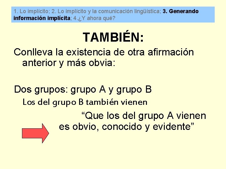 1. Lo implícito; 2. Lo implícito y la comunicación lingüística; 3. Generando información implícita;