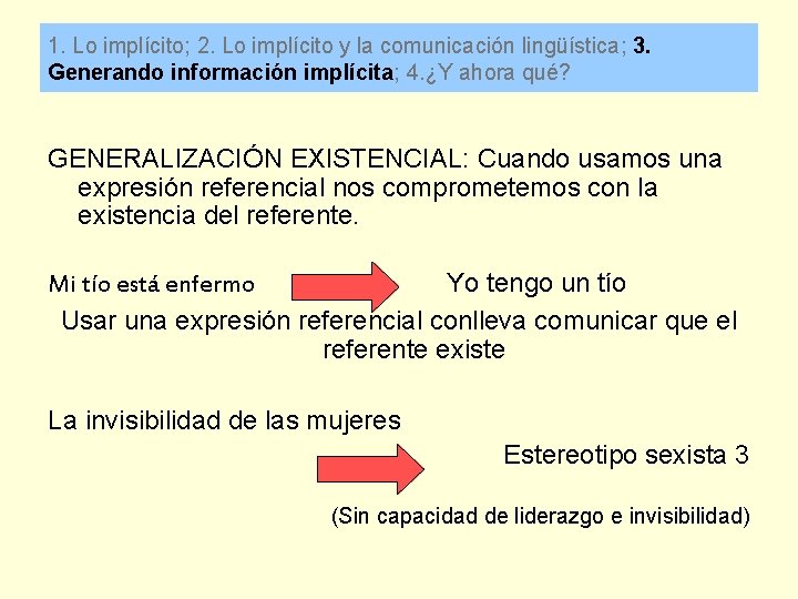 1. Lo implícito; 2. Lo implícito y la comunicación lingüística; 3. Generando información implícita;