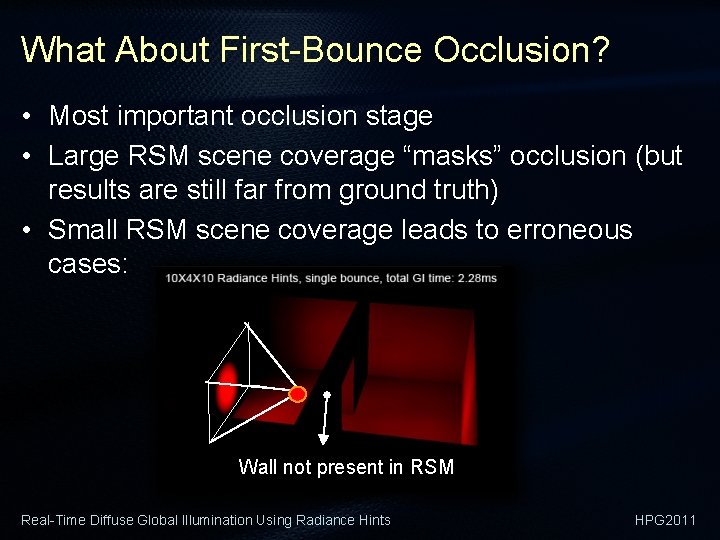 What About First-Bounce Occlusion? • Most important occlusion stage • Large RSM scene coverage