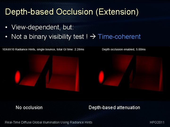 Depth-based Occlusion (Extension) • View-dependent, but: • Not a binary visibility test ! Time-coherent