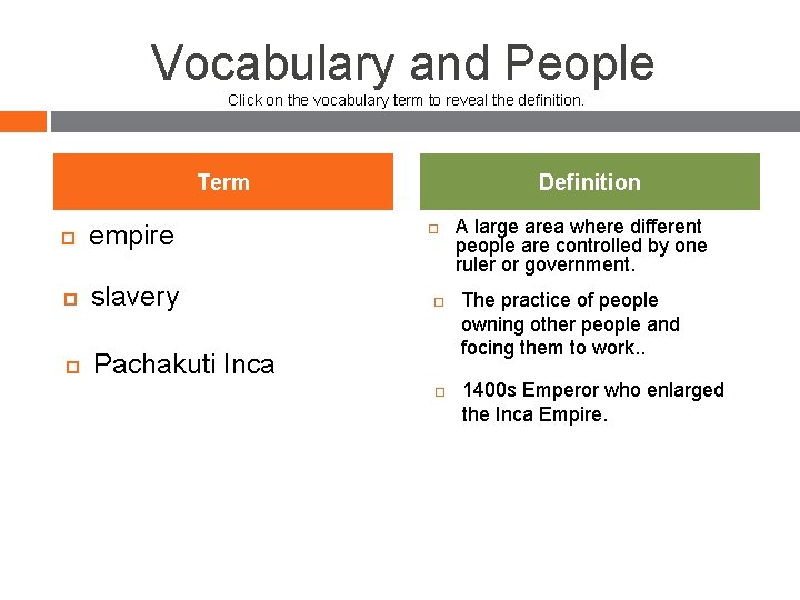 Vocabulary and People Click on the vocabulary term to reveal the definition. Term empire Vocabulary and People Click on the vocabulary term to reveal the definition. Term empire