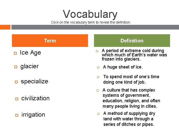 Vocabulary Click on the vocabulary term to reveal the definition. Term Ice Age glacier Vocabulary Click on the vocabulary term to reveal the definition. Term Ice Age glacier