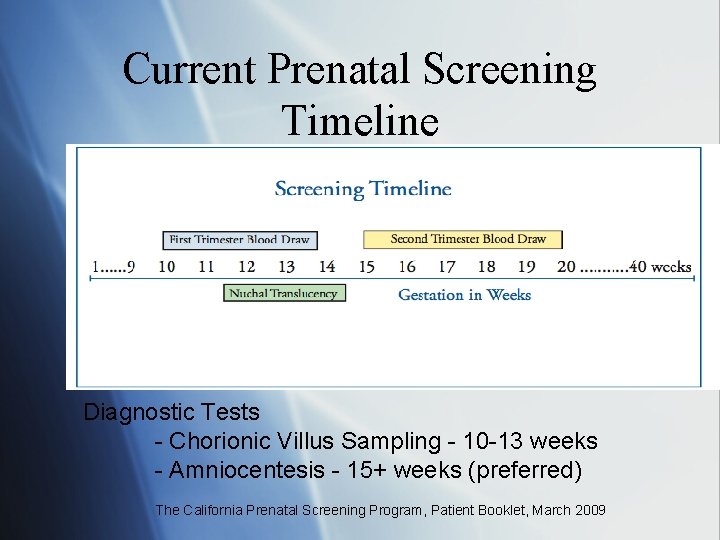 Current Prenatal Screening Timeline Diagnostic Tests - Chorionic Villus Sampling - 10 -13 weeks