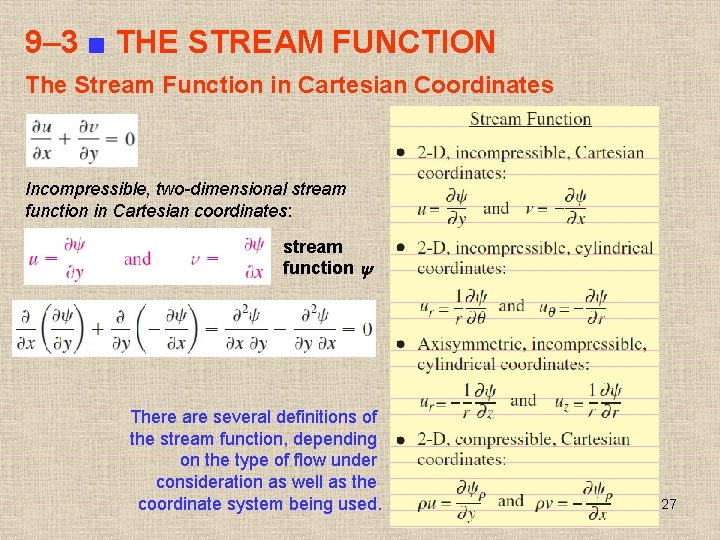 9– 3 ■ THE STREAM FUNCTION The Stream Function in Cartesian Coordinates Incompressible, two-dimensional