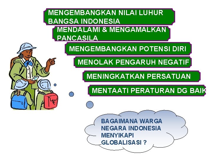 MENGEMBANGKAN NILAI LUHUR BANGSA INDONESIA MENDALAMI & MENGAMALKAN PANCASILA MENGEMBANGKAN POTENSI DIRI MENOLAK PENGARUH