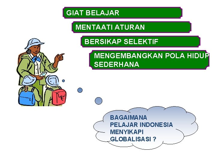 GIAT BELAJAR MENTAATI ATURAN BERSIKAP SELEKTIF MENGEMBANGKAN POLA HIDUP SEDERHANA BAGAIMANA PELAJAR INDONESIA MENYIKAPI