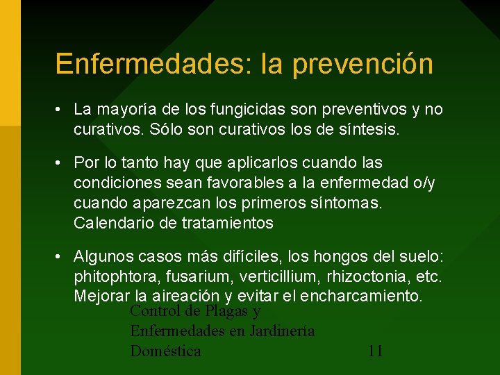 Enfermedades: la prevención • La mayoría de los fungicidas son preventivos y no curativos.