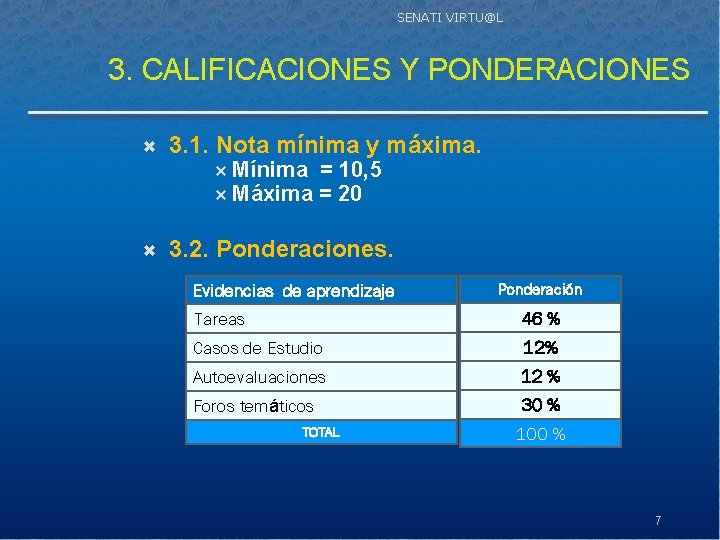 SENATI VIRTU@L 3. CALIFICACIONES Y PONDERACIONES 3. 1. Nota mínima y máxima. Mínima Máxima