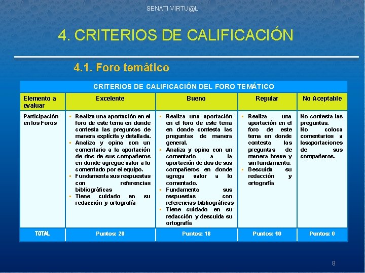 SENATI VIRTU@L 4. CRITERIOS DE CALIFICACIÓN 4. 1. Foro temático CRITERIOS DE CALIFICACIÓN DEL
