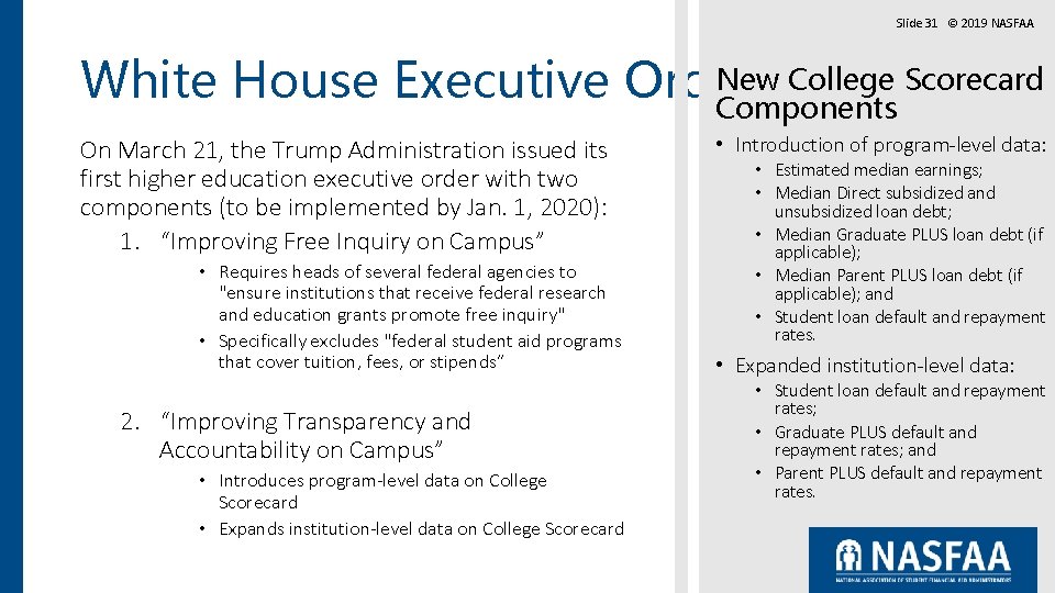 Slide 31 © 2019 NASFAA New College Scorecard White House Executive Order Components On Slide 31 © 2019 NASFAA New College Scorecard White House Executive Order Components On