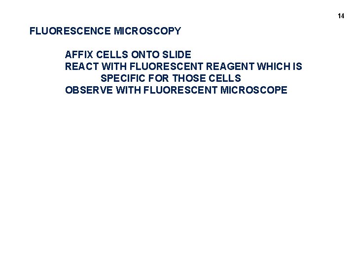 14 FLUORESCENCE MICROSCOPY AFFIX CELLS ONTO SLIDE REACT WITH FLUORESCENT REAGENT WHICH IS SPECIFIC