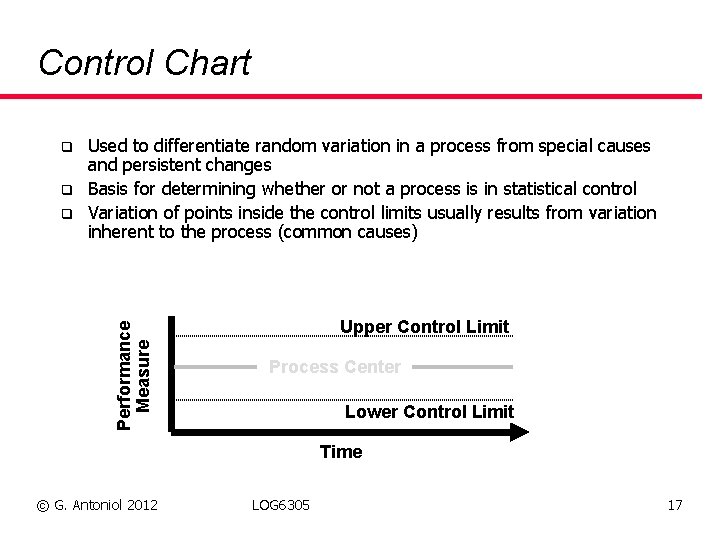 Control Chart q q Performance Measure q Used to differentiate random variation in a