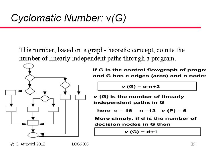 Cyclomatic Number: v(G) This number, based on a graph-theoretic concept, counts the number of