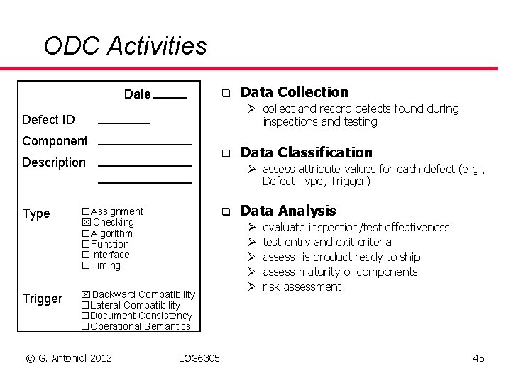 ODC Activities Date q Ø collect and record defects found during inspections and testing