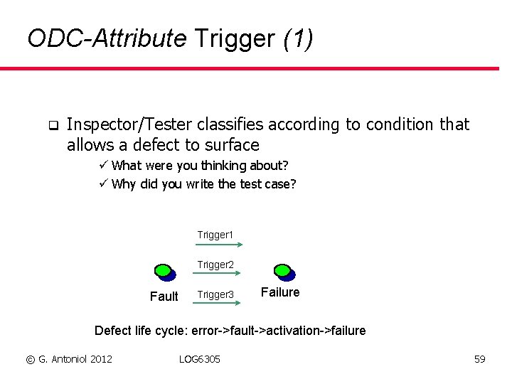ODC-Attribute Trigger (1) q Inspector/Tester classifies according to condition that allows a defect to