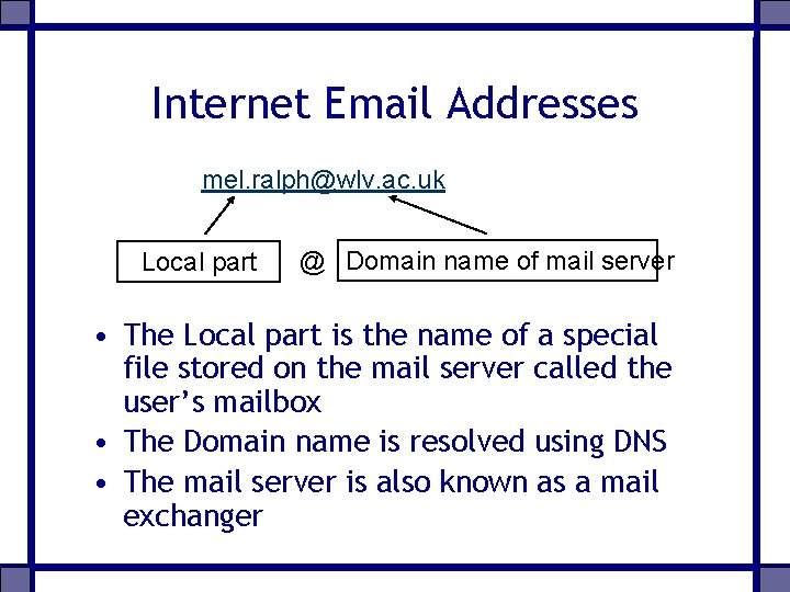 Internet Email Addresses mel. ralph@wlv. ac. uk Local part @ Domain name of mail