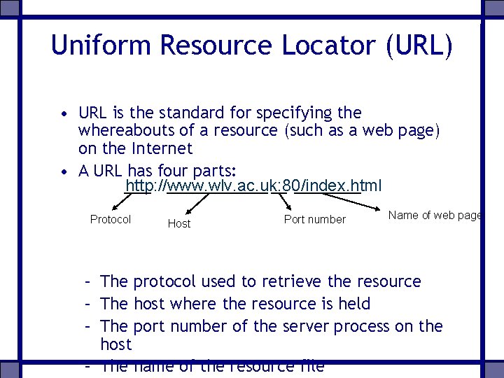 Uniform Resource Locator (URL) • URL is the standard for specifying the whereabouts of