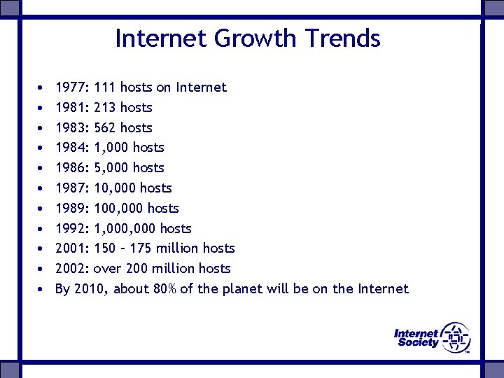 Internet Growth Trends • • • 1977: 111 hosts on Internet 1981: 213 hosts
