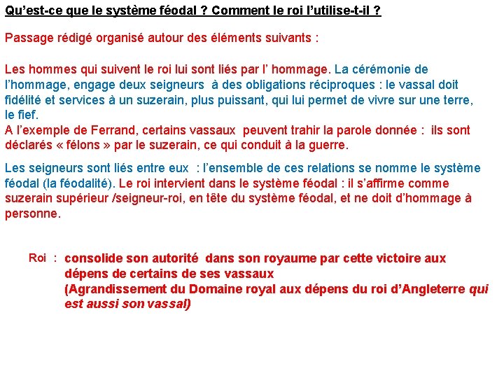 Qu’est-ce que le système féodal ? Comment le roi l’utilise-t-il ? Passage rédigé organisé