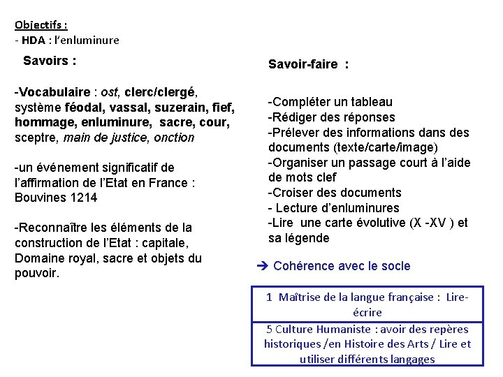 Objectifs : - HDA : l’enluminure Savoirs : -Vocabulaire : ost, clerc/clergé, système féodal,