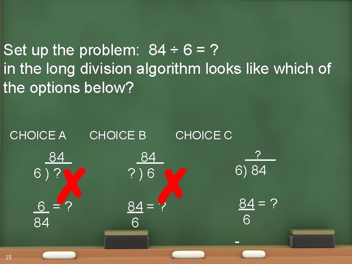 Set up the problem: 84 ÷ 6 = ? in the long division algorithm