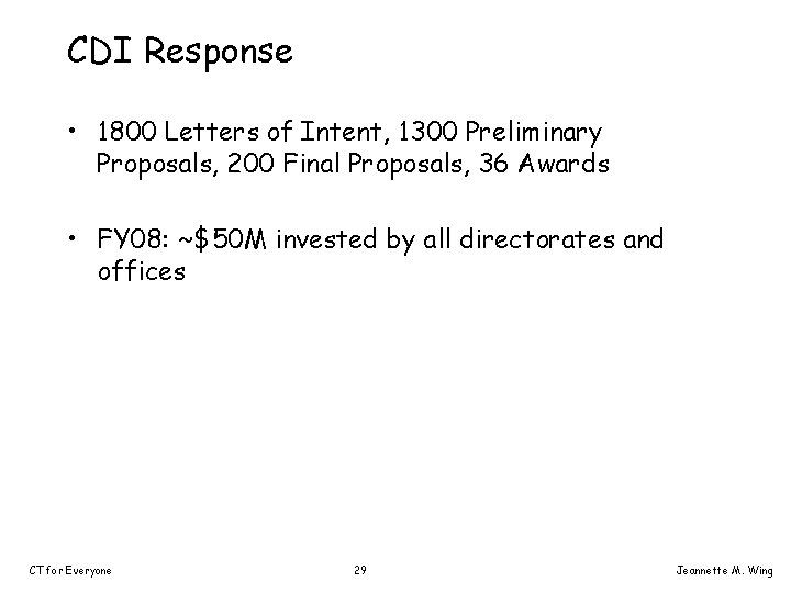 CDI Response • 1800 Letters of Intent, 1300 Preliminary Proposals, 200 Final Proposals, 36