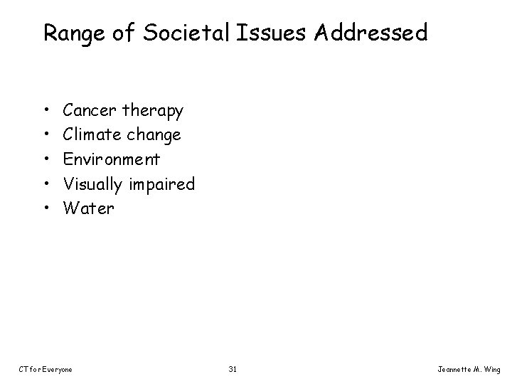 Range of Societal Issues Addressed • • • Cancer therapy Climate change Environment Visually