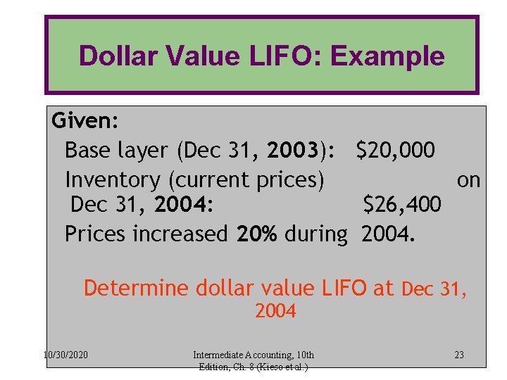 Dollar Value LIFO: Example Given: Base layer (Dec 31, 2003): $20, 000 Inventory (current