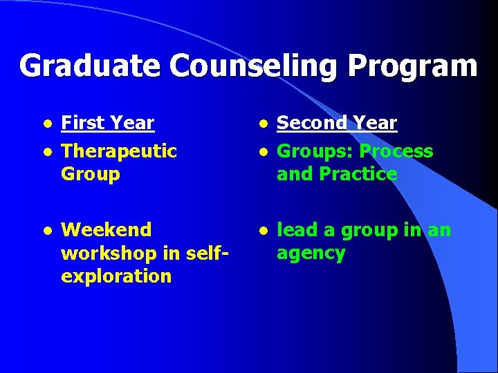 Graduate Counseling Program l l l First Year Therapeutic Group l Weekend workshop in Graduate Counseling Program l l l First Year Therapeutic Group l Weekend workshop in