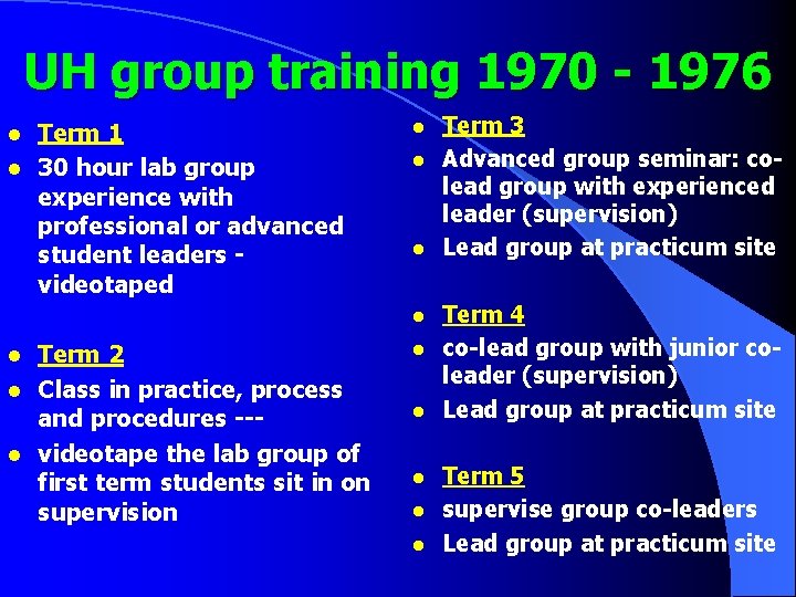 UH group training 1970 - 1976 l l Term 1 30 hour lab group UH group training 1970 - 1976 l l Term 1 30 hour lab group