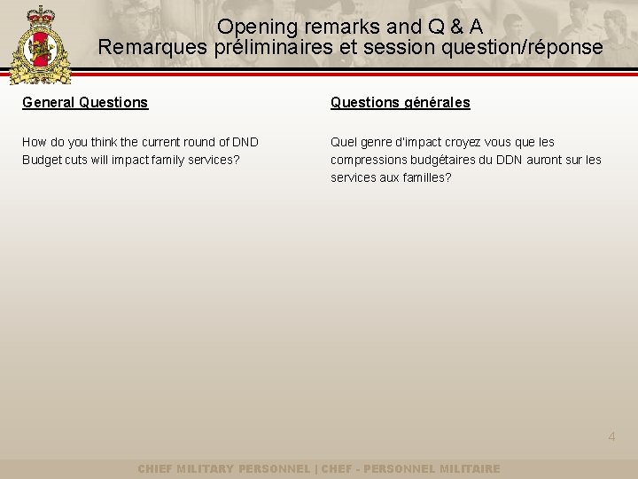 Opening remarks and Q & A Remarques préliminaires et session question/réponse General Questions générales