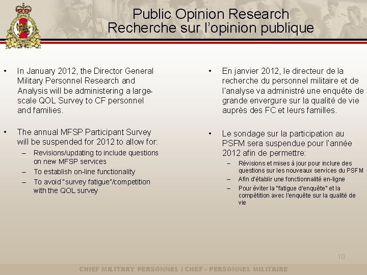 Public Opinion Research Recherche sur l’opinion publique • In January 2012, the Director General