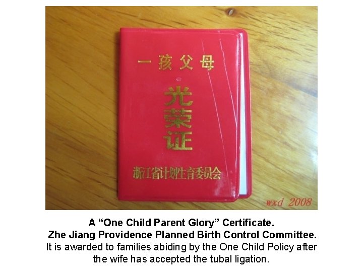 A “One Child Parent Glory” Certificate. Zhe Jiang Providence Planned Birth Control Committee. It