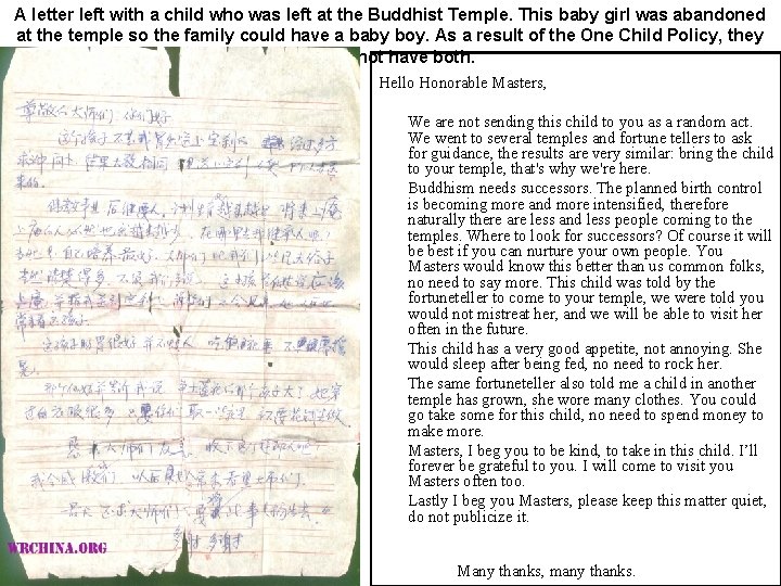 A letter left with a child who was left at the Buddhist Temple. This