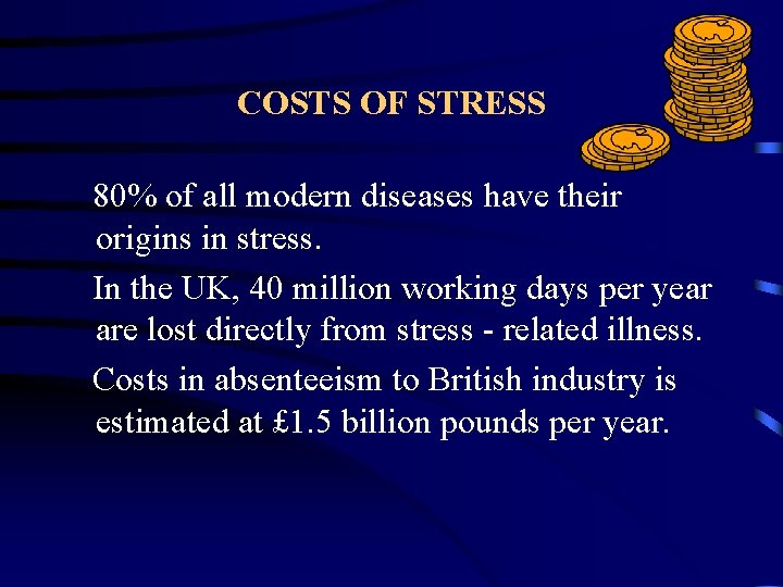 COSTS OF STRESS 80% of all modern diseases have their origins in stress. In