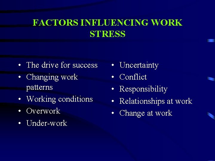 FACTORS INFLUENCING WORK STRESS • The drive for success • Changing work patterns •