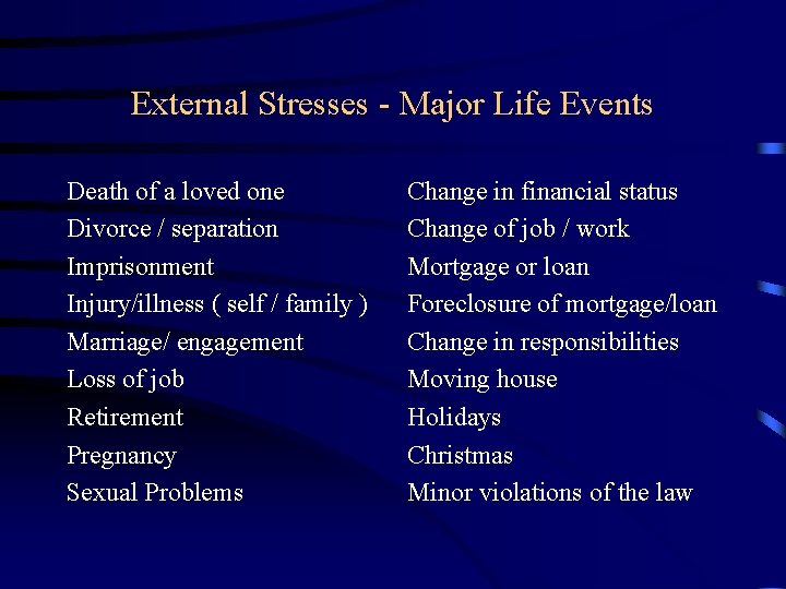 External Stresses - Major Life Events Death of a loved one Divorce / separation