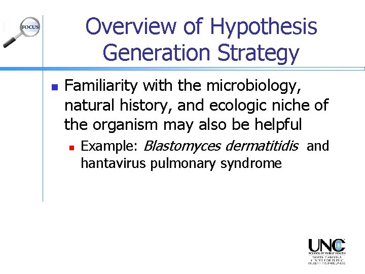 Overview of Hypothesis Generation Strategy n Familiarity with the microbiology, natural history, and ecologic