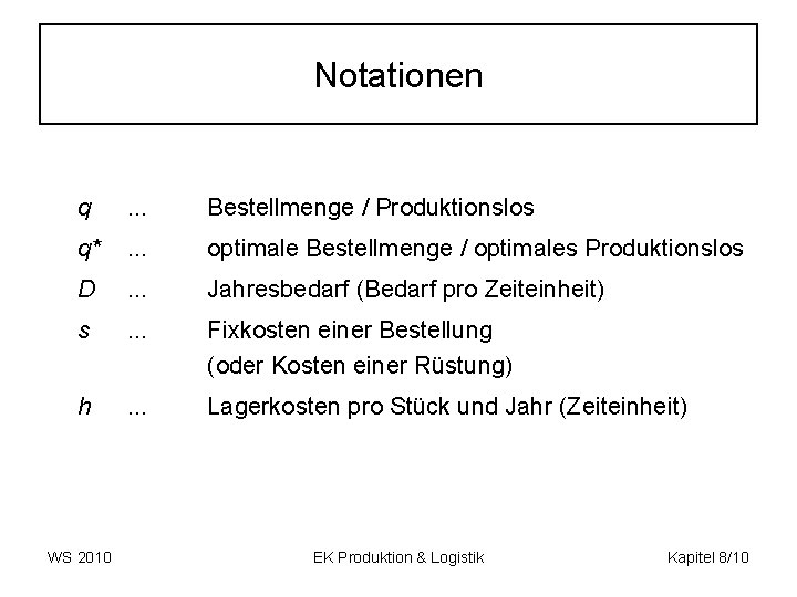 Notationen q . . . Bestellmenge / Produktionslos q* . . . optimale Bestellmenge