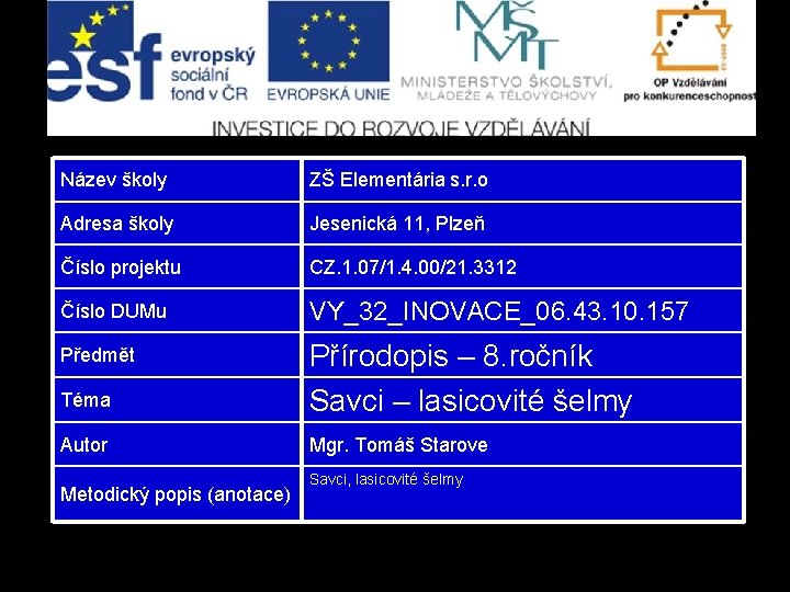 Název školy ZŠ Elementária s. r. o Adresa školy Jesenická 11, Plzeň Číslo projektu