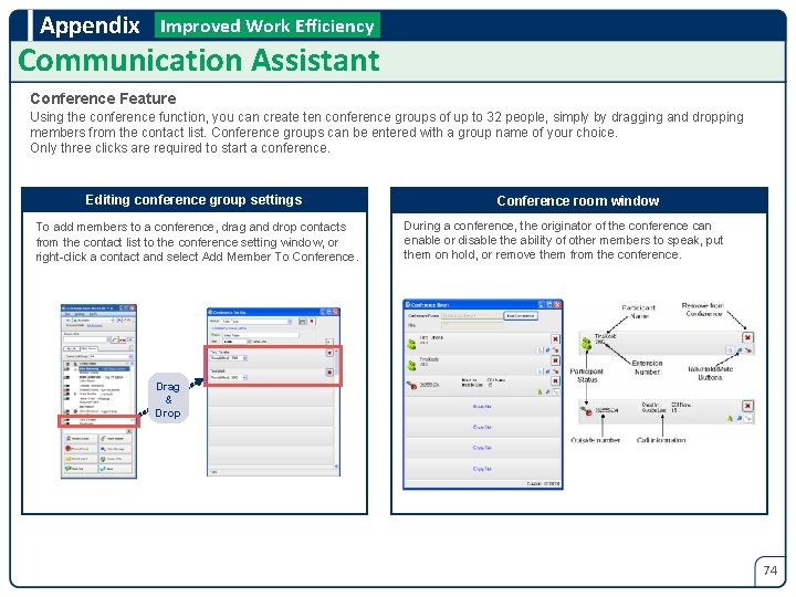 Appendix Improved Work Efficiency Communication Assistant Conference Feature Using the conference function, you can