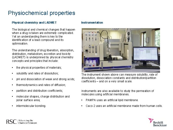 Physiochemical properties Physical chemistry and LADMET Instrumentation The biological and chemical changes that happen